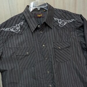 Liquid Mens 3XL Black Pinstripe Western Snap Button Shirt White Embroidery Yoke